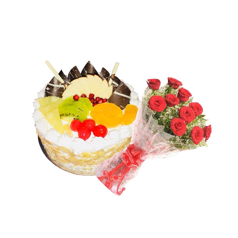 Chocolate Cake cherry 1/2Kg with 10 Roses Bunch